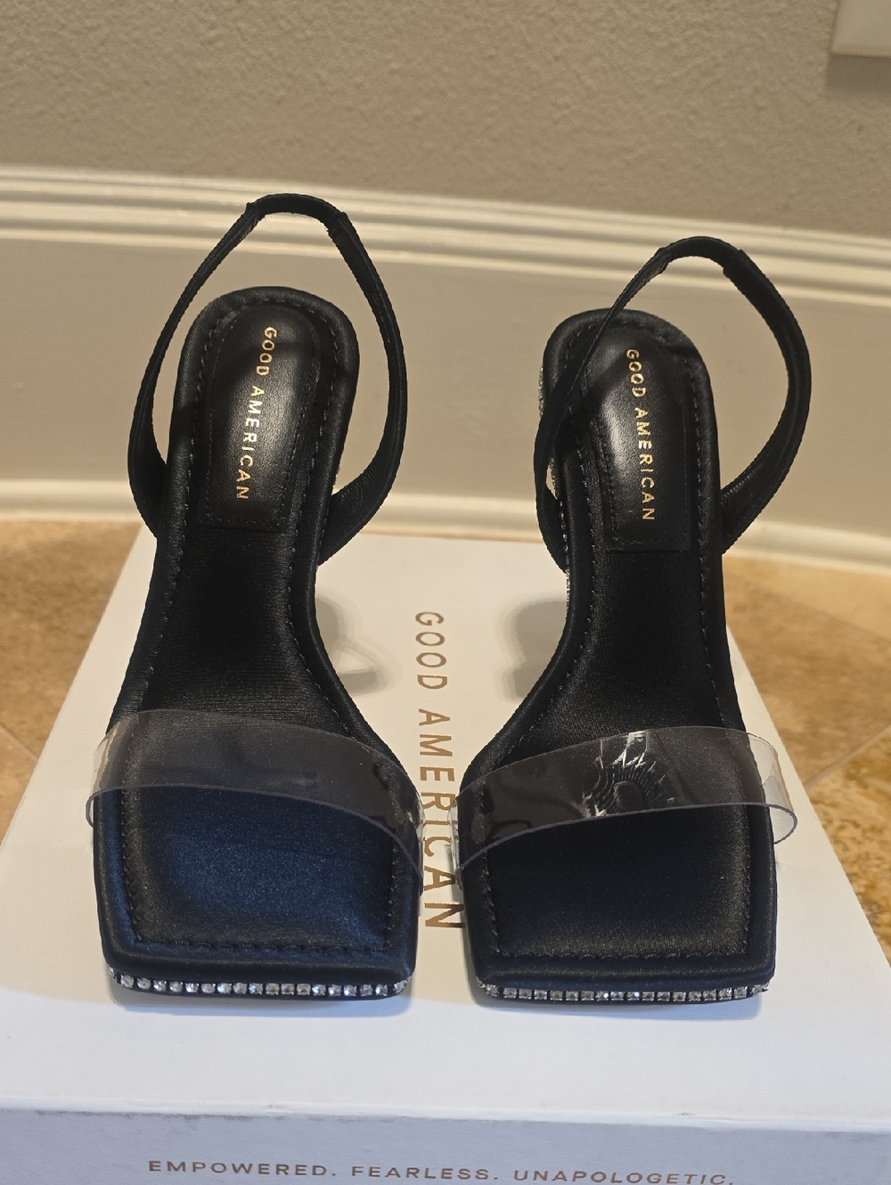 Good American Black Clear-Band Square-Toe Slingback Heels with Rhinestone Trim